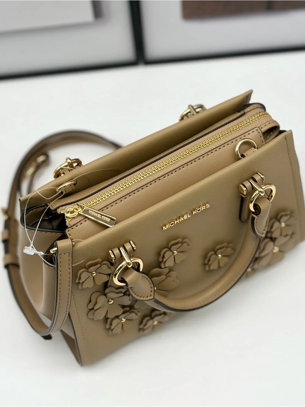 MICHAEL KORS Marilyn Small Floral Embellished Satchel Crossbody Bag Camel NWT